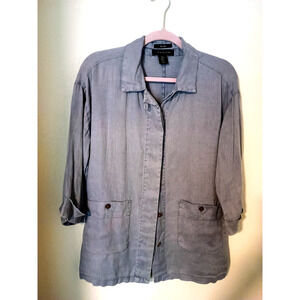 Tahari Blue Linen Button-Up 3/4 Sleeve Relaxed Long Tunic Top Sz S